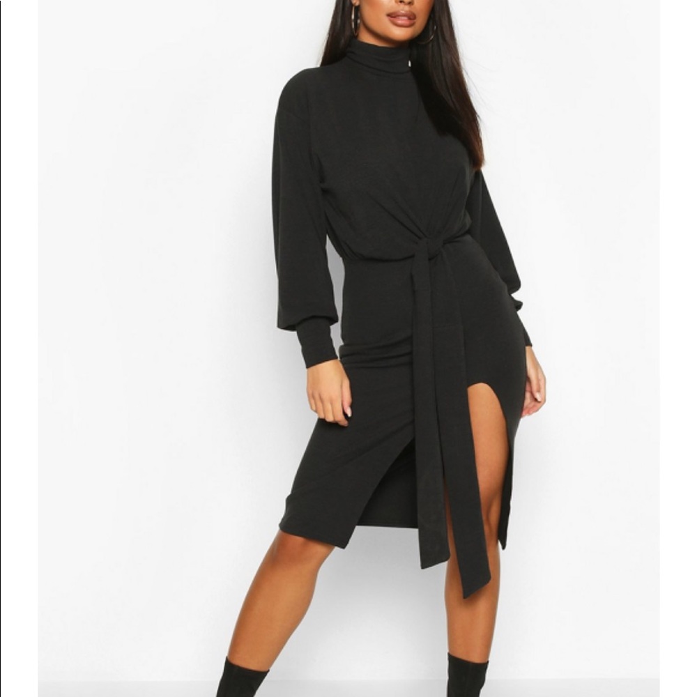 Black Mock Neck Tie Front Dress